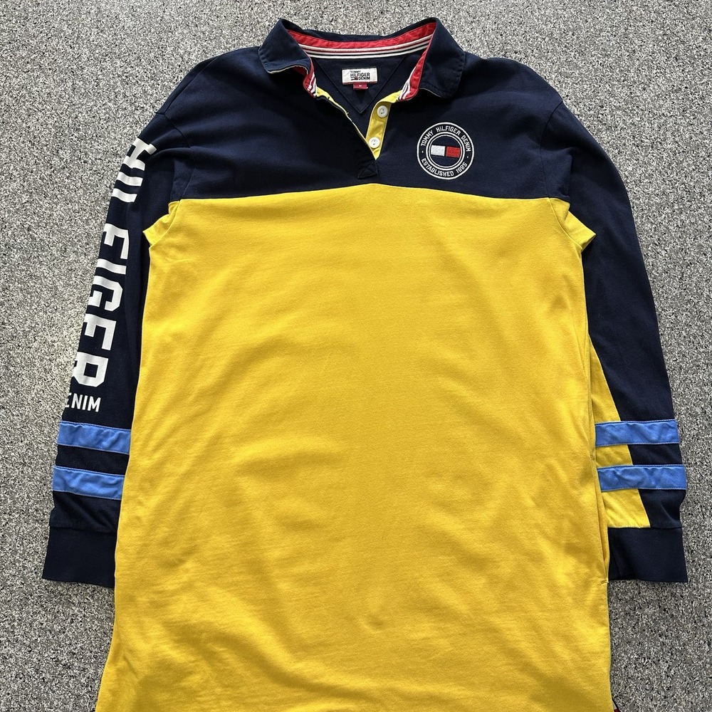 Tommy Hilfiger Denim Polo Shirt Mens M Tall Long Sleeve Colorblock Long Length